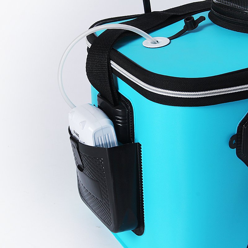 live-fish drums, buckets of eva, folding boxes, and a bag of buckets of fish for fishing gear